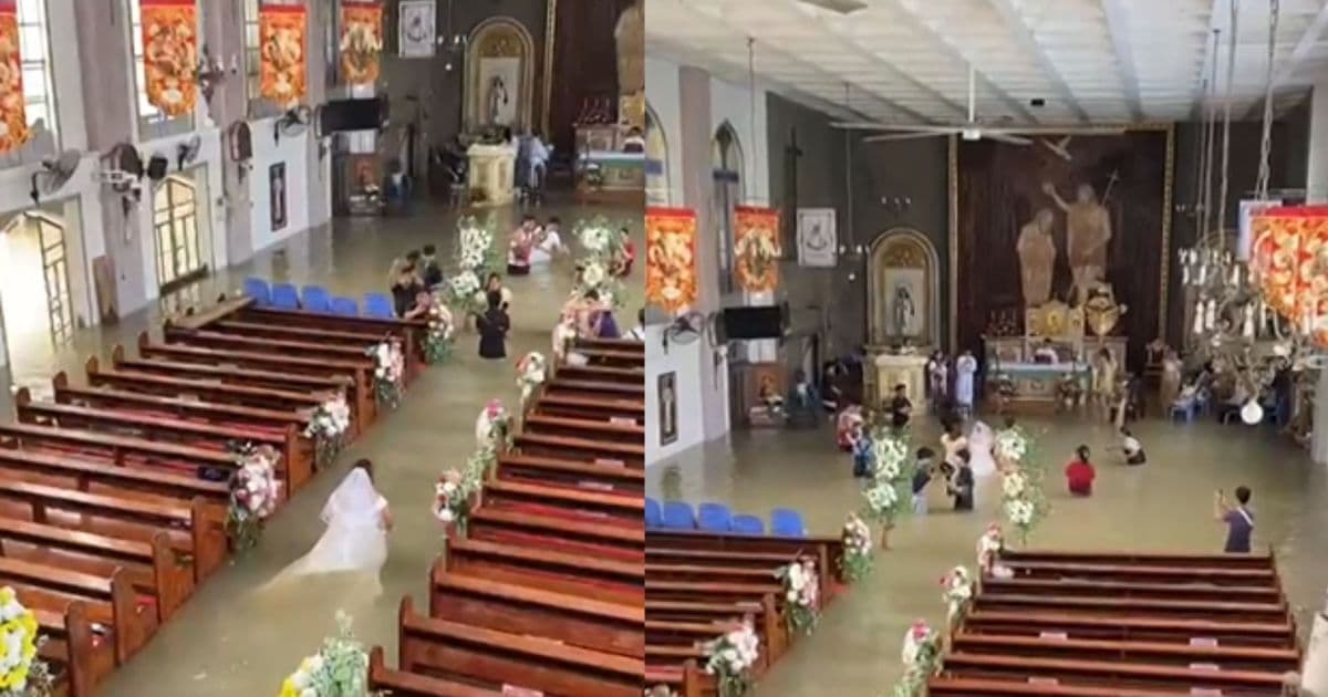 Noiva enfrenta enchente para casar na hora certa nas Filipinas