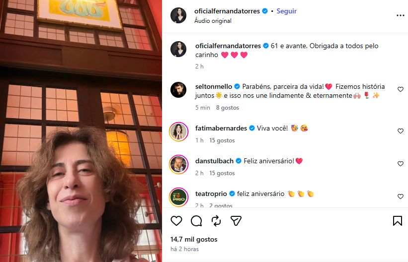 Fernanda Torres celebra 61 anos com mensagem nas redes sociais